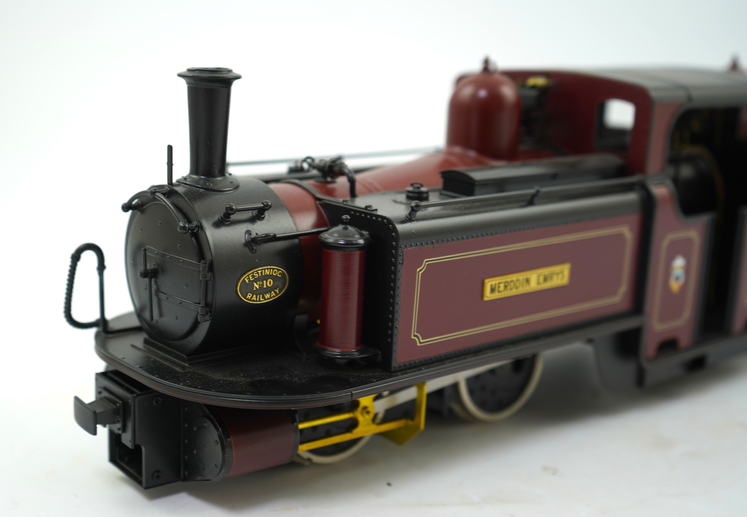 A 16mm scale (running on 32mm rails) commercially produced brass model of Ffestiniog Railway Double Fairlie narrow gauge locomotive Merddin Emrys No.10, powered for two rail operation.